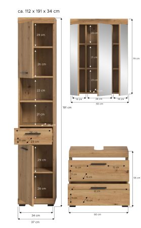 Badm�bel Set 3-teilig Shawn in Artisan Eiche Badkombination 112 x 191 cm