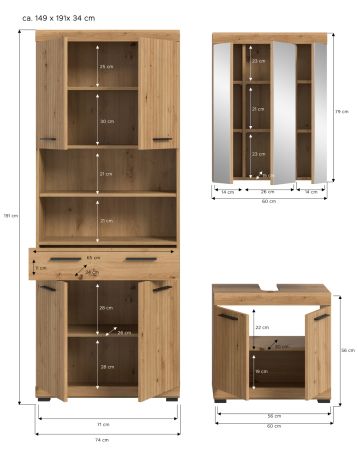 Badm�bel Set 3-teilig Shawn in Artisan Eiche Badkombination 149 x 191 cm