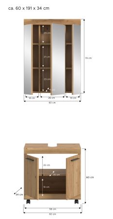 Badm�bel Set 2-teilig Shawn in Artisan Eiche Badkombination auf Rollen 60 x 191 cm