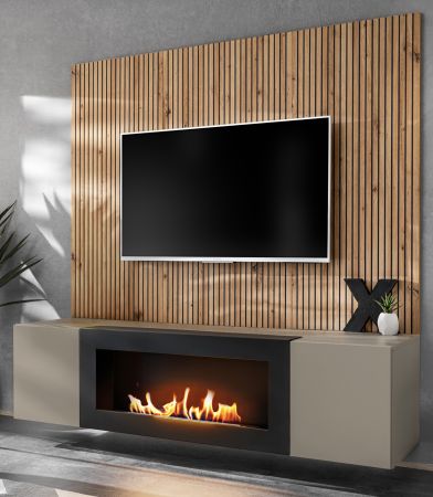 TV-Lowboard Set iLike in Lehm-Grau mit schwarz und Eiche Artisan, Set mit Akustikpaneel und Ethanol Kamin