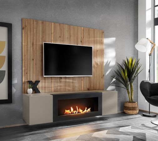 TV-Lowboard Set iLike in Lehm-Grau mit schwarz und Eiche Artisan, Set mit Akustikpaneel und Ethanol Kamin