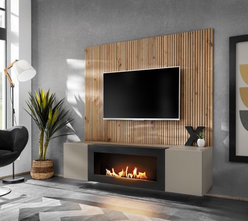 TV-Lowboard Set iLike in Lehm-Grau mit schwarz und Eiche Artisan, Set mit Akustikpaneel und Ethanol Kamin