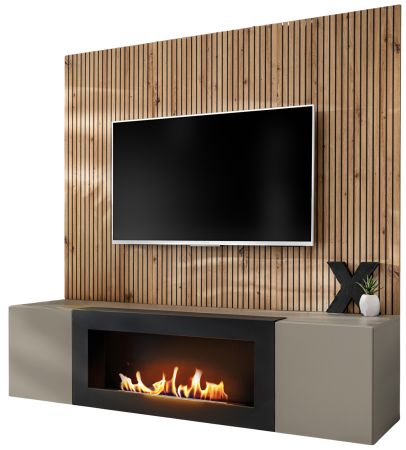 TV-Lowboard Set iLike in Lehm-Grau mit schwarz und Eiche Artisan, Set mit Akustikpaneel und Ethanol Kamin