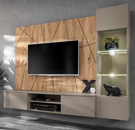 Wohnwand iLike in Lehm-Grau und Eiche Artisan mit Beleuchtung, Push-To-Open und Soft-Close, 200 cm