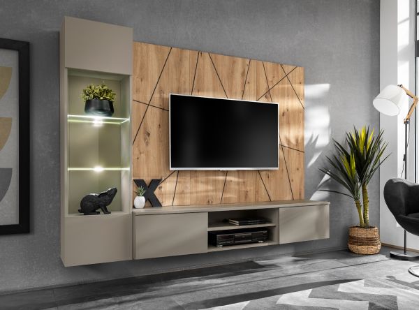 Wohnwand iLike in Lehm-Grau und Eiche Artisan mit Beleuchtung, Push-To-Open und Soft-Close, 200 cm
