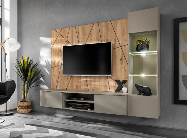 Wohnwand iLike in Lehm-Grau und Eiche Artisan mit Beleuchtung, Push-To-Open und Soft-Close, 200 cm
