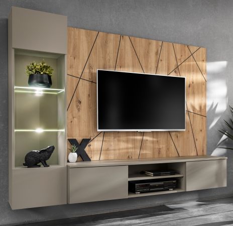 Wohnwand iLike in Lehm-Grau und Eiche Artisan mit Beleuchtung, Push-To-Open und Soft-Close, 200 cm
