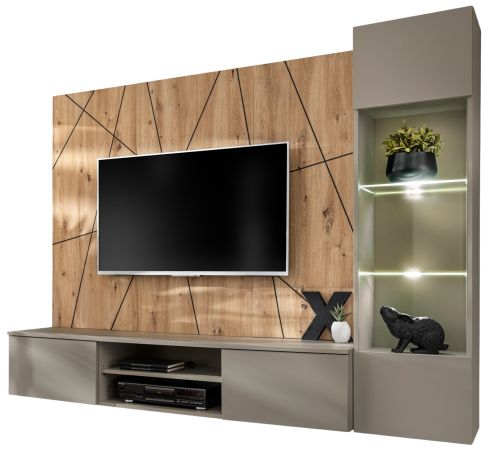 Wohnwand iLike in Lehm-Grau und Eiche Artisan mit Beleuchtung, Push-To-Open und Soft-Close, 200 cm
