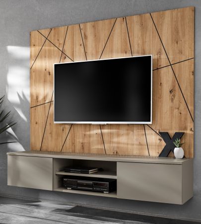 TV-Lowboard Set iLike in Lehm-Grau und Artisan Eiche, Flat-TV Unterschrank mit Wandpaneel 160 cm