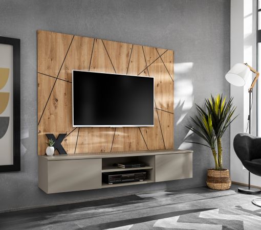 TV-Lowboard Set iLike in Lehm-Grau und Artisan Eiche, Flat-TV Unterschrank mit Wandpaneel 160 cm