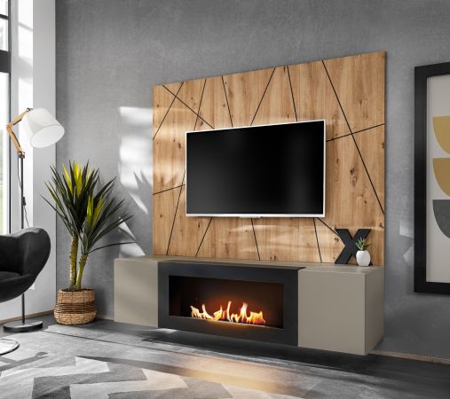 TV-Lowboard Set iLike in Lehm-Grau und Artisan Eiche, Flat-TV Unterschrank mit Wandpaneel 160 cm