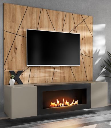 TV-Lowboard Set iLike in Lehm-Grau und Artisan Eiche, Flat-TV Unterschrank mit Wandpaneel 160 cm
