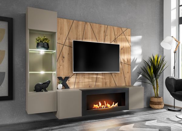 Wohnwand iLike in Lehm-Grau, schwarz und Artisan Eiche, TV Unterteil mit Ethanol Kamin inkl. LED, 200 cm