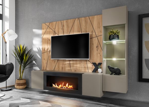 Wohnwand iLike in Lehm-Grau, schwarz und Artisan Eiche, TV Unterteil mit Ethanol Kamin inkl. LED, 200 cm