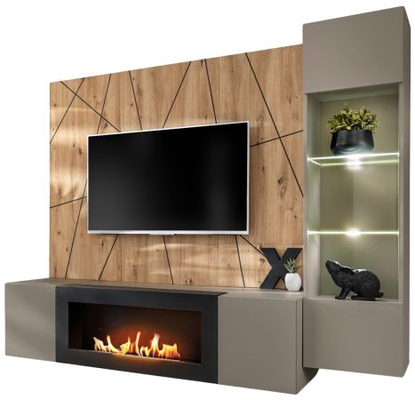 Wohnwand iLike in Lehm-Grau, schwarz und Artisan Eiche, TV Unterteil mit Ethanol Kamin inkl. LED, 200 cm
