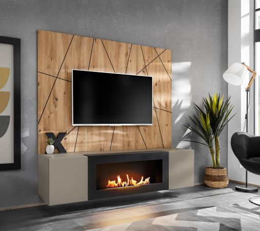 TV-Lowboard Set iLike Lehm-Grau, schwarz und Artisan Eiche TV Unterteil mit Ethanol Kamin und Akustikpaneel, 160 cm