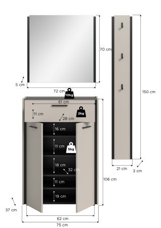 Garderobe Set 3-teilig Nevia in Kaschmir 111 x 190 cm, Soft-Close