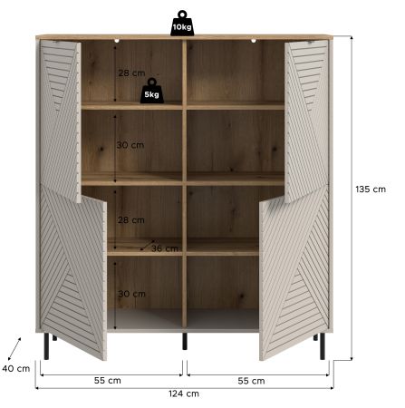 Highboard Bente in Kaschmir und Evoke Eiche, 4-t�rige Kommode 124 x 135 cm