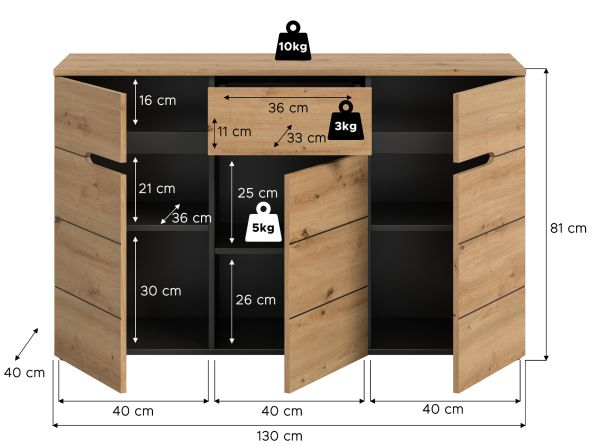 Sideboard Cooper in Artisan Eiche und grau Kommode 130 cm, Soft-Close