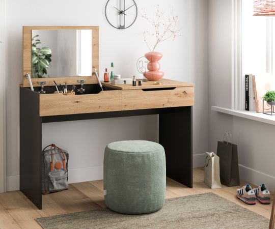 Schminktisch Cooper in Artisan Eiche und grau Kosmetiktisch mit Spiegel 115 cm, Soft-Close