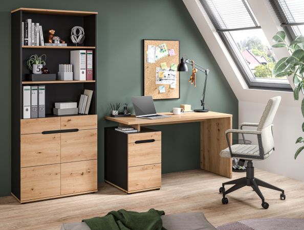 Aktenschrank Cooper in Artisan Eiche und Grau, B�roschrank 80 x 190 cm mit Soft-Close