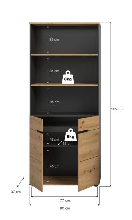 Aktenschrank Cooper in Artisan Eiche und Grau, B�roschrank 80 x 190 cm mit Soft-Close