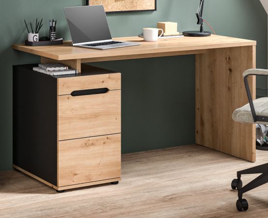 Schreibtisch Cooper in Artisan Eiche und Grau 138 cm, Container mit Soft-Close