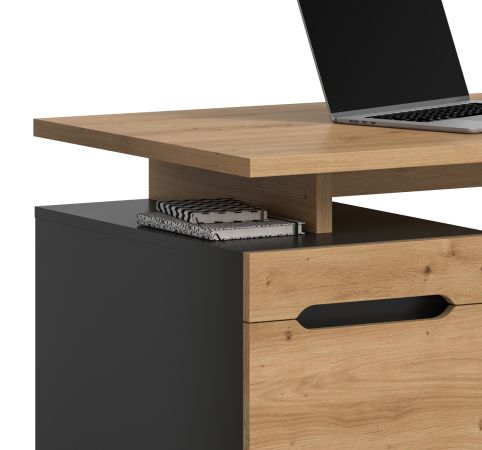 Schreibtisch Cooper in Artisan Eiche und Grau 138 cm, Container mit Soft-Close