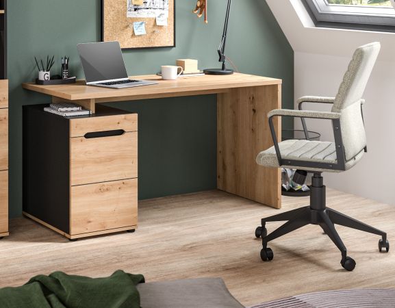 Schreibtisch Cooper in Artisan Eiche und Grau 138 cm, Container mit Soft-Close