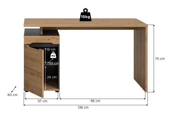 Schreibtisch Cooper in Artisan Eiche und Grau 138 cm, Container mit Soft-Close