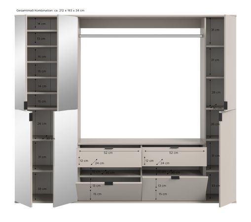 Garderobe Set Line-Up in Kaschmir Garderobenschrank mit Spiegel 212 x 193 cm