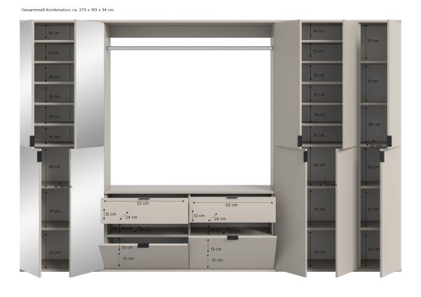 Garderobe Set Line-Up in Kaschmir Garderobenschrank mit Spiegel 273 x 193 cm