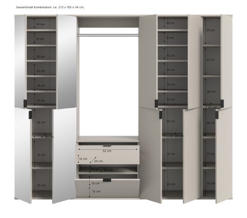 Garderobe Set Line-Up in Kaschmir Garderobenschrank mit Spiegel 213 x 193 cm