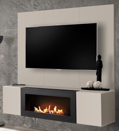 TV-Lowboard Set Option in Kaschmir, Flat-TV Unterschrank h�ngend mit Ethanol Kamin und Akustikpaneel,160 cm