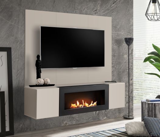 TV-Lowboard Set Option in Kaschmir, Flat-TV Unterschrank h�ngend mit Ethanol Kamin und Akustikpaneel,160 cm