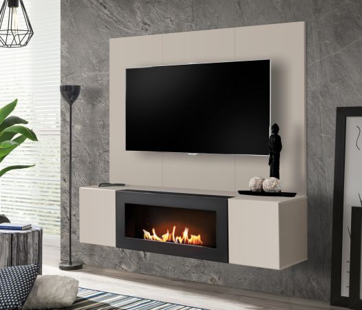 TV-Lowboard Set Option in Kaschmir, Flat-TV Unterschrank h�ngend mit Ethanol Kamin und Akustikpaneel,160 cm
