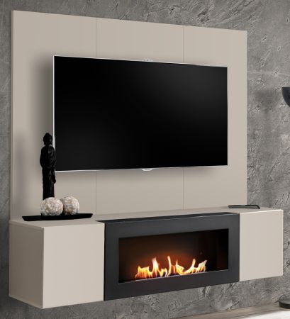 TV-Lowboard Set Option in Kaschmir, Flat-TV Unterschrank h�ngend mit Ethanol Kamin und Akustikpaneel,160 cm