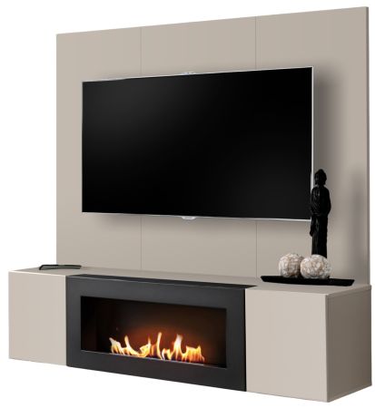 TV-Lowboard Set Option in Kaschmir, Flat-TV Unterschrank h�ngend mit Ethanol Kamin und Akustikpaneel,160 cm