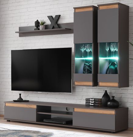 Wohnwand Trigger in grau / Anthrazit und Wotan Eiche Schrankwand 4-teilig 175 cm, inkl. LED