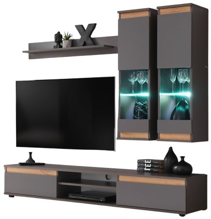 Wohnwand Trigger in grau / Anthrazit und Wotan Eiche Schrankwand 4-teilig 175 cm, inkl. LED