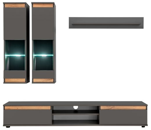 Wohnwand Trigger in grau / Anthrazit und Wotan Eiche Schrankwand 4-teilig 175 cm, inkl. LED