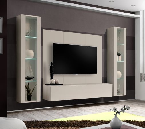 Wohnwand Option in Kaschmir Schrankwand 4-teilig h�ngend mit LED, 260 x 170 cm