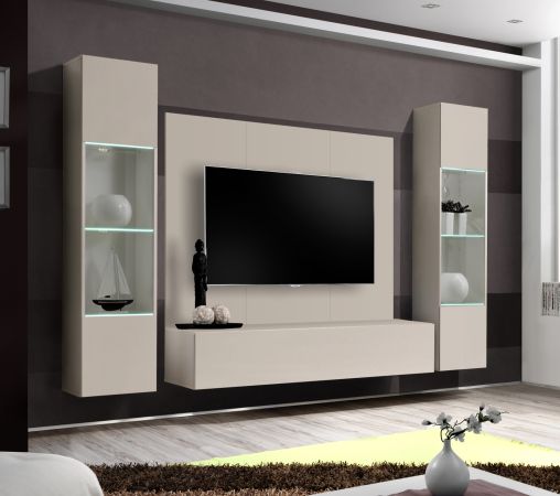 Wohnwand Option in Kaschmir Schrankwand 4-teilig h�ngend mit LED und Push-To-Open, 260 x 170 cm