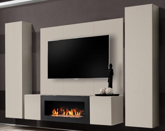 Wohnwand Option in Kaschmir Schrankwand 4-teilig h�ngend mit Ethanol Kamin, 260 x 170 cm