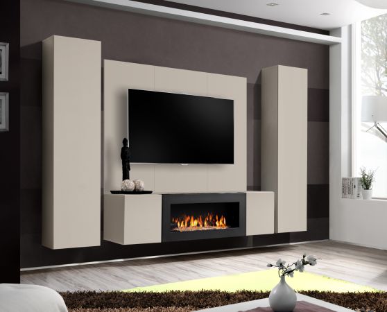 Wohnwand Option in Kaschmir Schrankwand 4-teilig h�ngend mit Ethanol Kamin, 260 x 170 cm