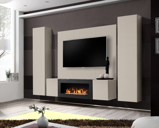 Wohnwand Option in Kaschmir Schrankwand 4-teilig h�ngend mit Ethanol Kamin, 260 x 170 cm