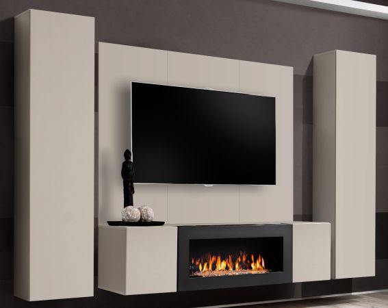 Wohnwand Option in Kaschmir Schrankwand 4-teilig h�ngend mit Ethanol Kamin, 260 x 170 cm