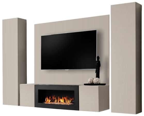 Wohnwand Option in Kaschmir Schrankwand 4-teilig h�ngend mit Ethanol Kamin, 260 x 170 cm