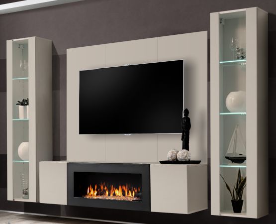 Wohnwand Option in Kaschmir Schrankwand 4-teilig h�ngend mit Ethanol Kamin und LED, 260 x 170 cm