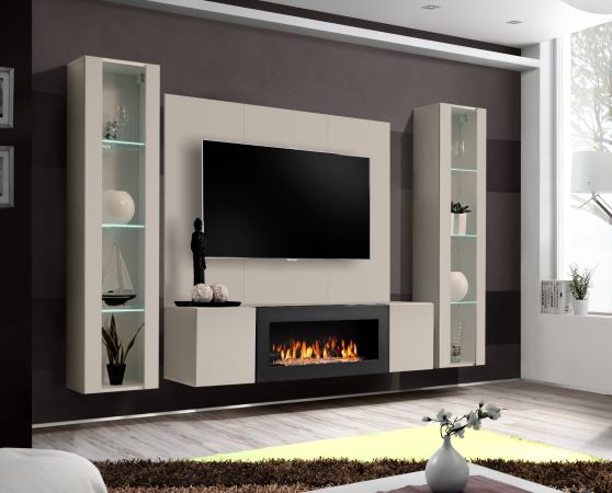 Wohnwand Option in Kaschmir Schrankwand 4-teilig h�ngend mit Ethanol Kamin und LED, 260 x 170 cm